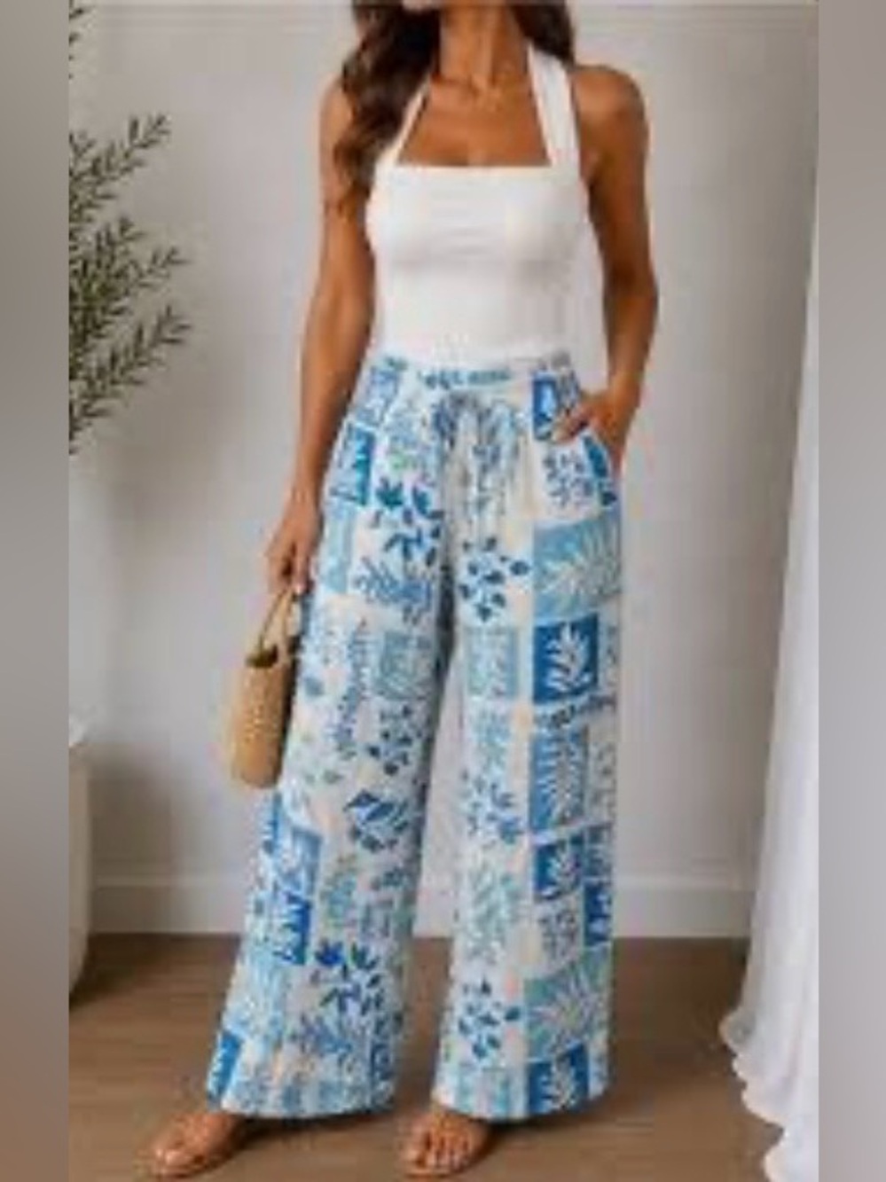 Sienna Sky Women's Size XL Wide-Leg Pants Blue/White Patchwork Print Summer Wear